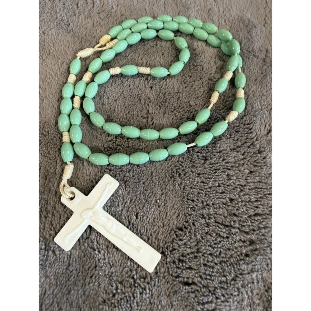 Vintage Light Green Molded Plastic Corded Rosary
